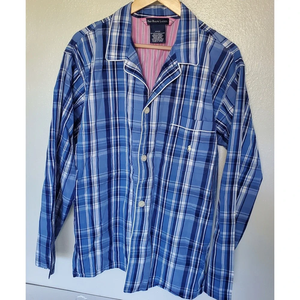 Polo Ralph Lauren Mens Pajama Top Blue Plaid‎ Sleep Shirt Sleepwear